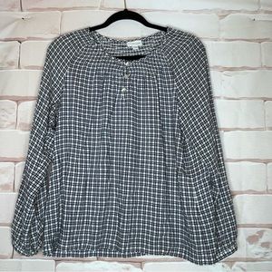 J Jill Size MP Long Sleeve Smocked Peasant Blouse Black White Gingham Pl…